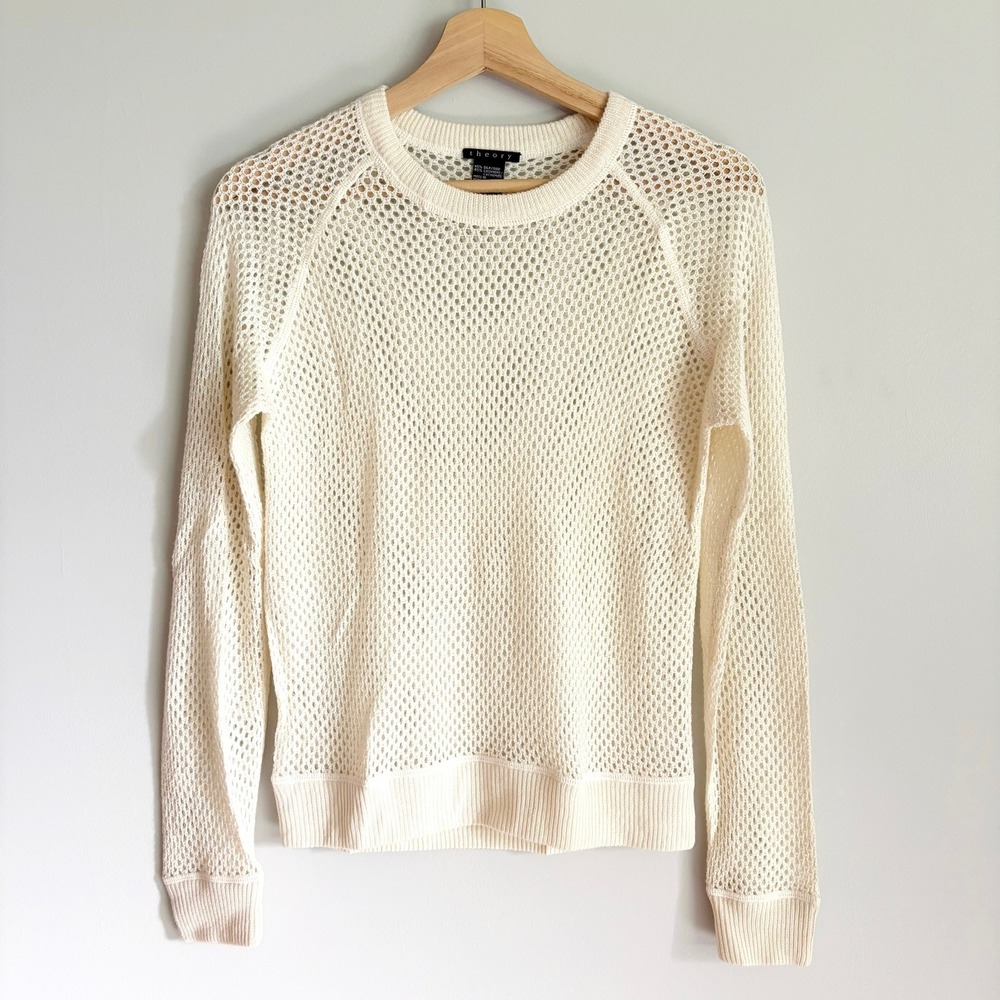 Theory Silk Cashmere Open Fishnet Knit Sweater Size Small Ivory Cream Crew Neck